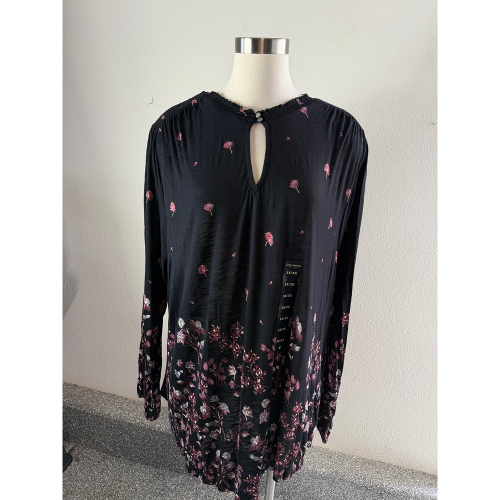 NEW Lucky Brand Women Plus 3X Black Floral Long Sleeve Keyhole Tunic Top Shirt